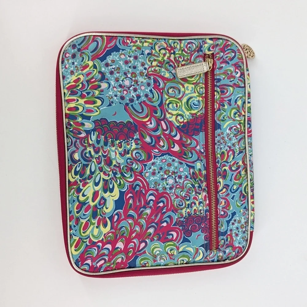 Lilly Pulitzer Tech Organizer Case Peacock Print Gold Trim Tablet Folio 12x9.5